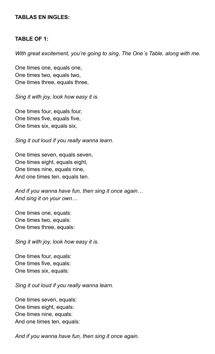 Lyrics of the 1 times table