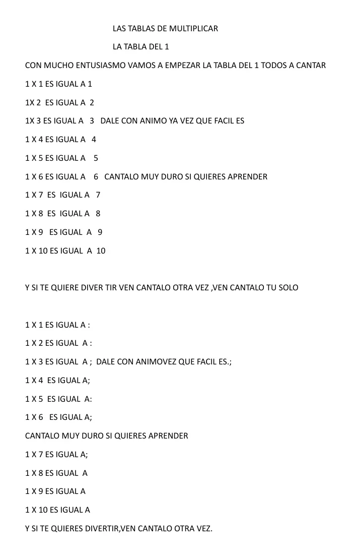 Letra de la tabla del 1